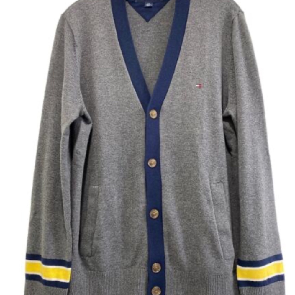 Tommy Hilfiger Men’s V-Neck Buttoned Cardigan Gray Blue Yellow Varsity  Large